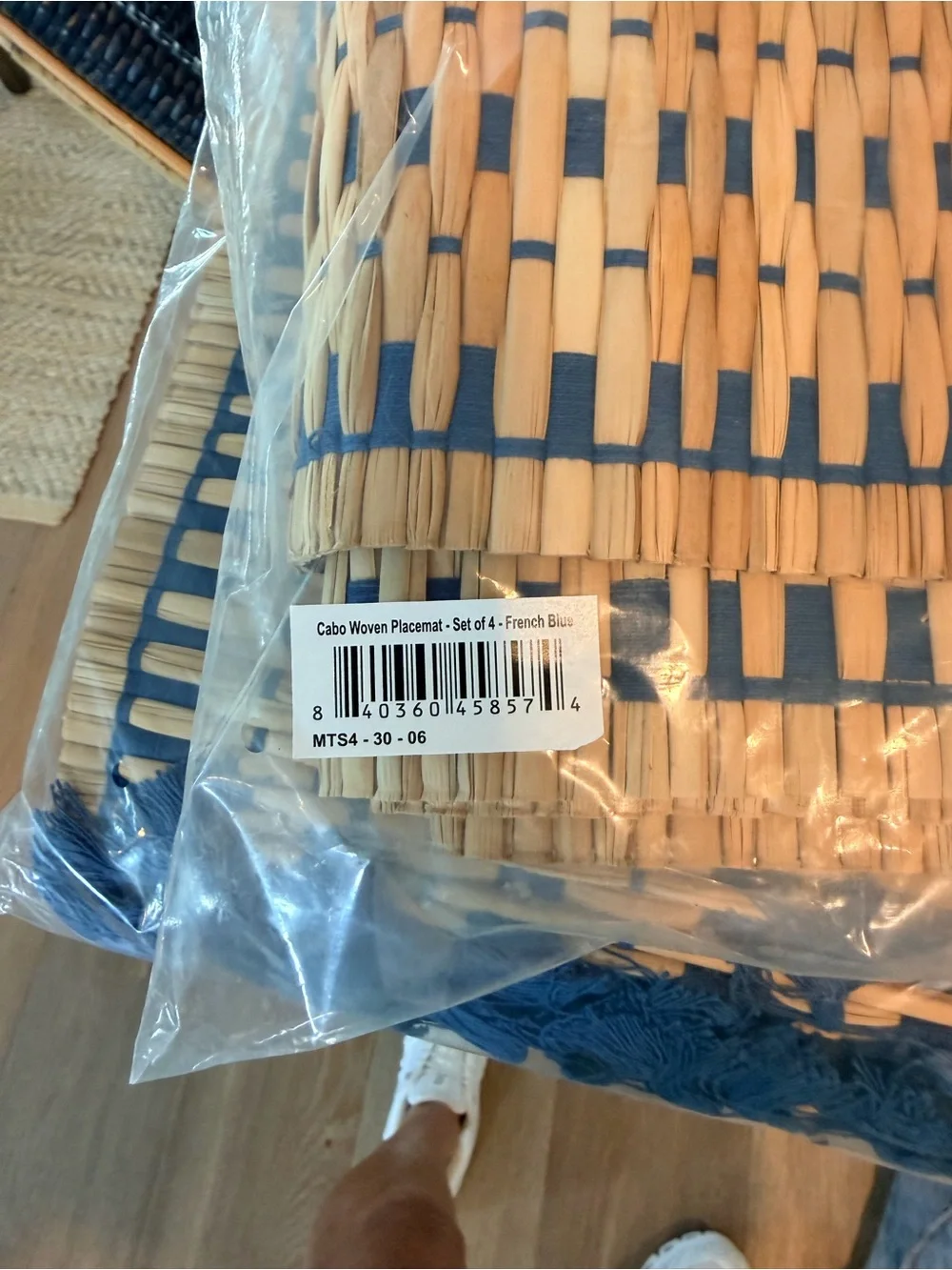 Serena & Lily Cabo Tan Rattan Placemat with Blue Fringe set of 8